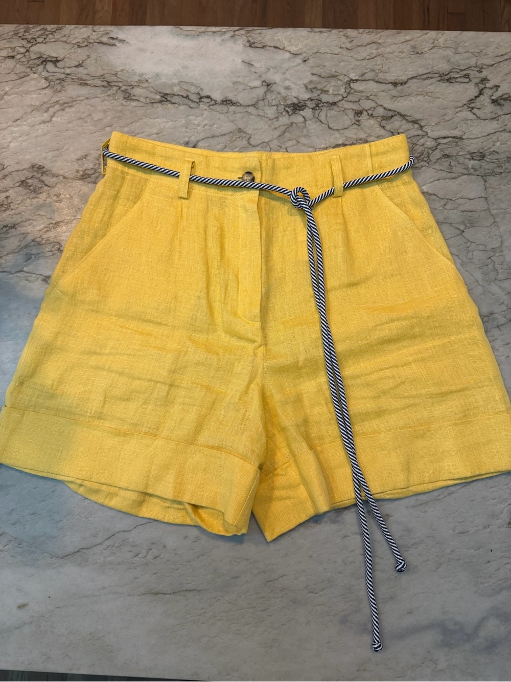 Yellow Linen High-Waist Shorts with Blue Nautical Rope Belt